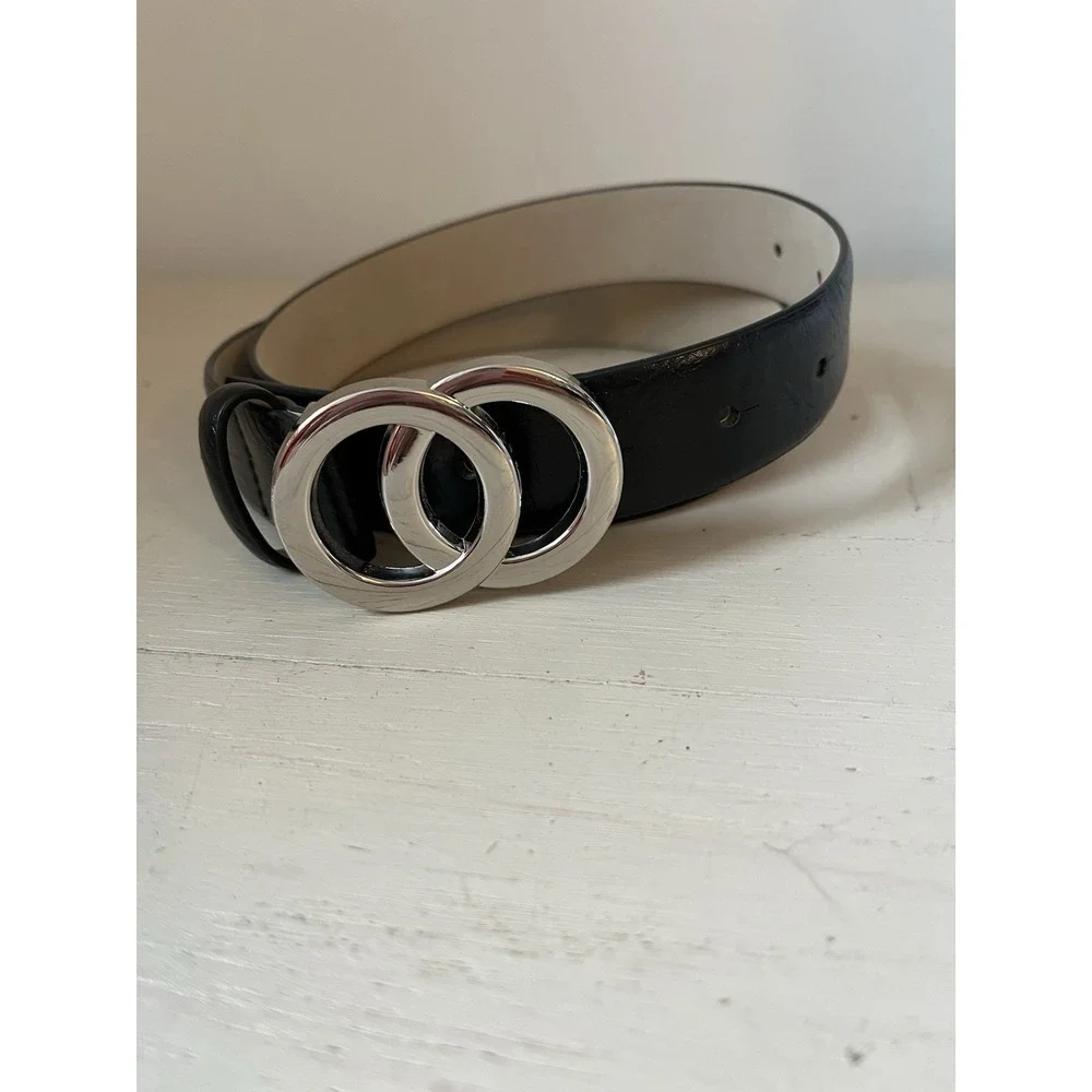 Nine West Women's Belt Size S 38X 1.1 Inch Black Faux Leather Silver Tone Buckle